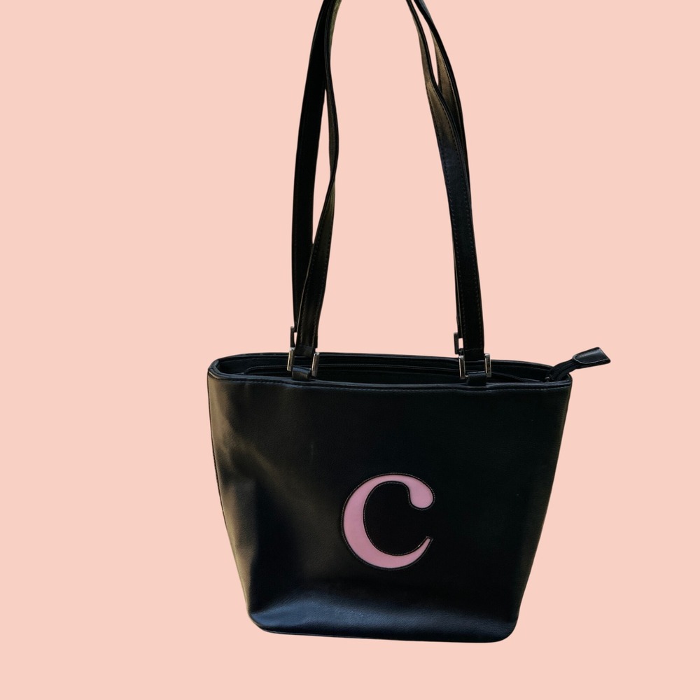 Vtg 90s Y2K Tote Bag Black Faux Leather Initial C monogram Purse Teencore Pink